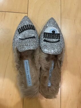 Chiara Ferragni Silver Glitter Eye Appliqué Pointed Mules